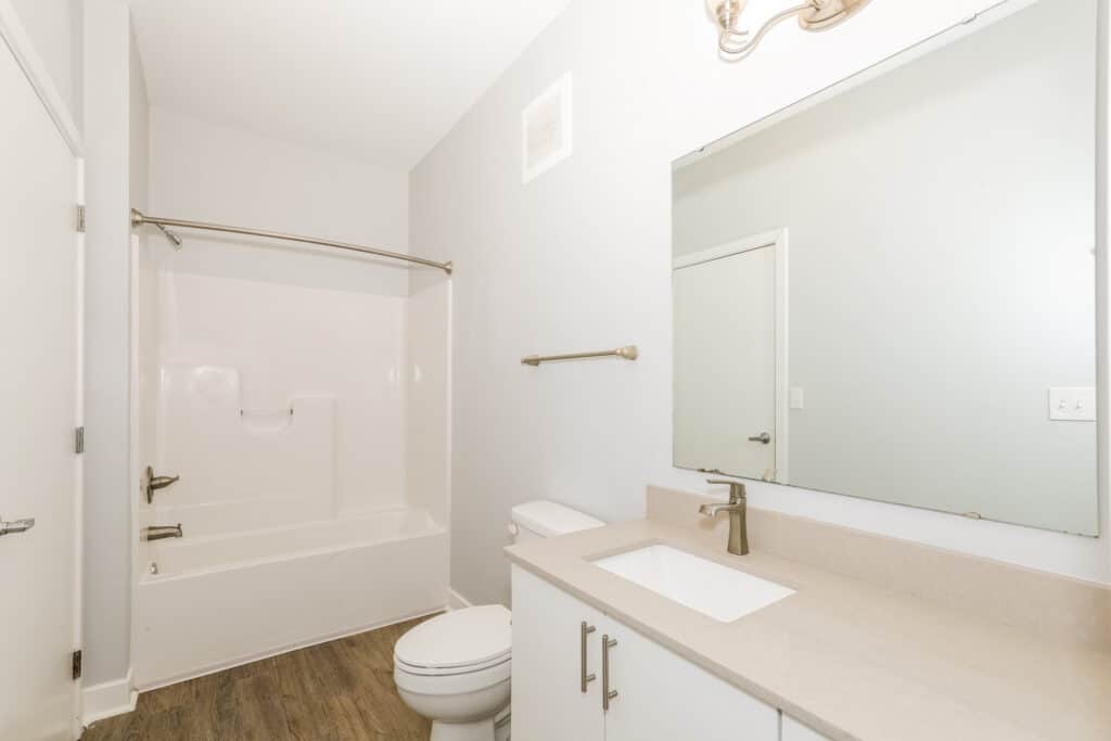 Bright bathroom with a combined bathtub and shower, toilet, white vanity with sink, large mirror, and wood-style flooring.