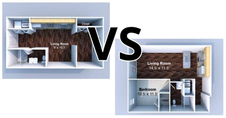 Two apartment floor plans side by side with a large "VS" in the center, comparing layouts including living rooms, bedrooms, kitchens, closets, and washer/dryer areas.